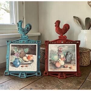 Vtg 2 Cast Iron Rooster Trivets Footed Still Life Fruit Tiles French Country